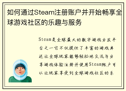 如何通过Steam注册账户并开始畅享全球游戏社区的乐趣与服务